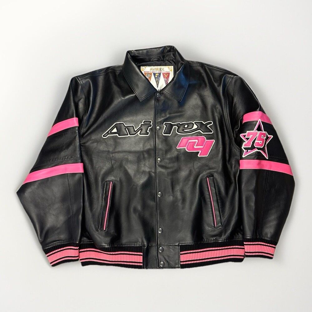 NEW XXXL Avirex Hardies NYC Lamb Leather Black Pink Authentic Bomber Jacket Coat - Picture 2 of 13